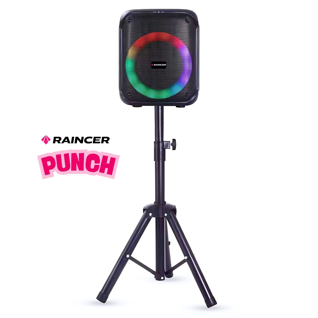 Raincer® Punch Portable Party Speaker with Dual Wireless Mics, Heavy Bass, Voice Changer, LED Light Control, USB/BT/FM/Line-In, Recording, Mic Priority, Stand Support & Remote (Rechargeable)