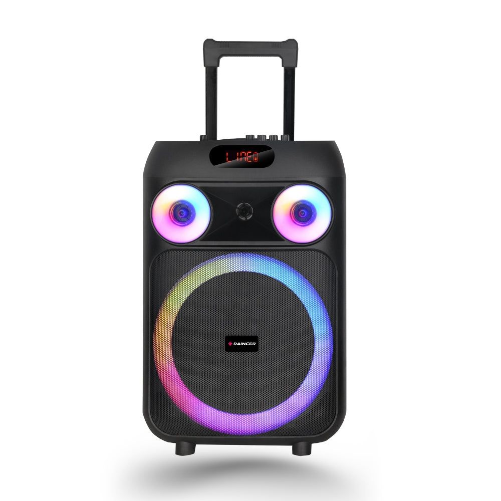 Raincer 160W Powerful Bass, Long Back Up,  RGB Lights, Bluetooth, 2 Wireless Mic With  Trolley  Best DJ-Style Sound Party Speaker