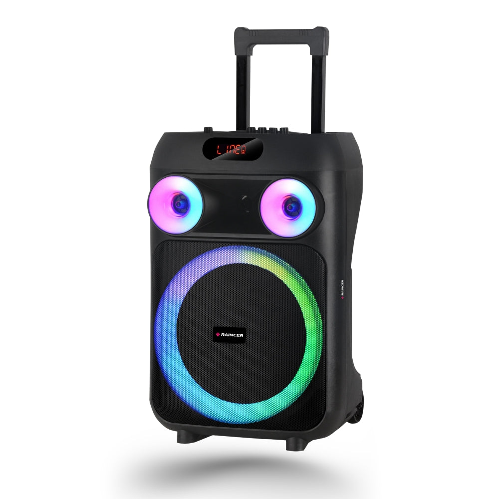 Raincer 160W Powerful Bass, Long Back Up,  RGB Lights, Bluetooth, 2 Wireless Mic With  Trolley  Best DJ-Style Sound Party Speaker