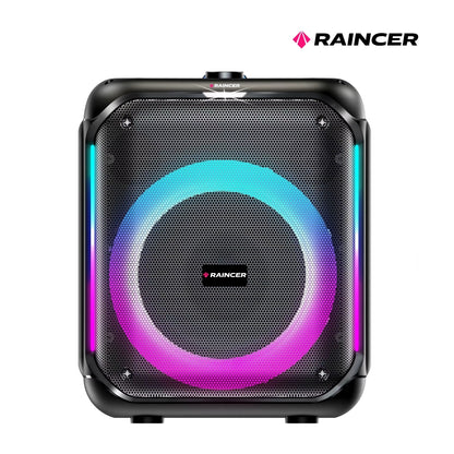 Raincer® Punch Portable Party Speaker with Dual Wireless Mics, Heavy Bass, Voice Changer, LED Light Control, USB/BT/FM/Line-In, Recording, Mic Priority, Stand Support &amp; Remote (Rechargeable)