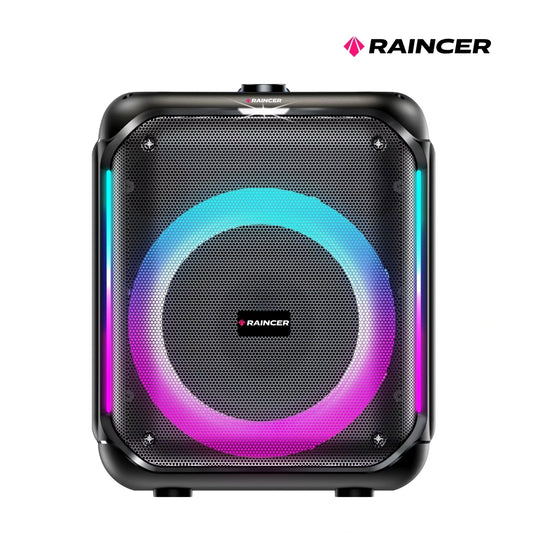 Raincer® Punch Portable Party Speaker with Dual Wireless Mics, Heavy Bass, Voice Changer, LED Light Control, USB/BT/FM/Line-In, Recording, Mic Priority, Stand Support &amp; Remote (Rechargeable)