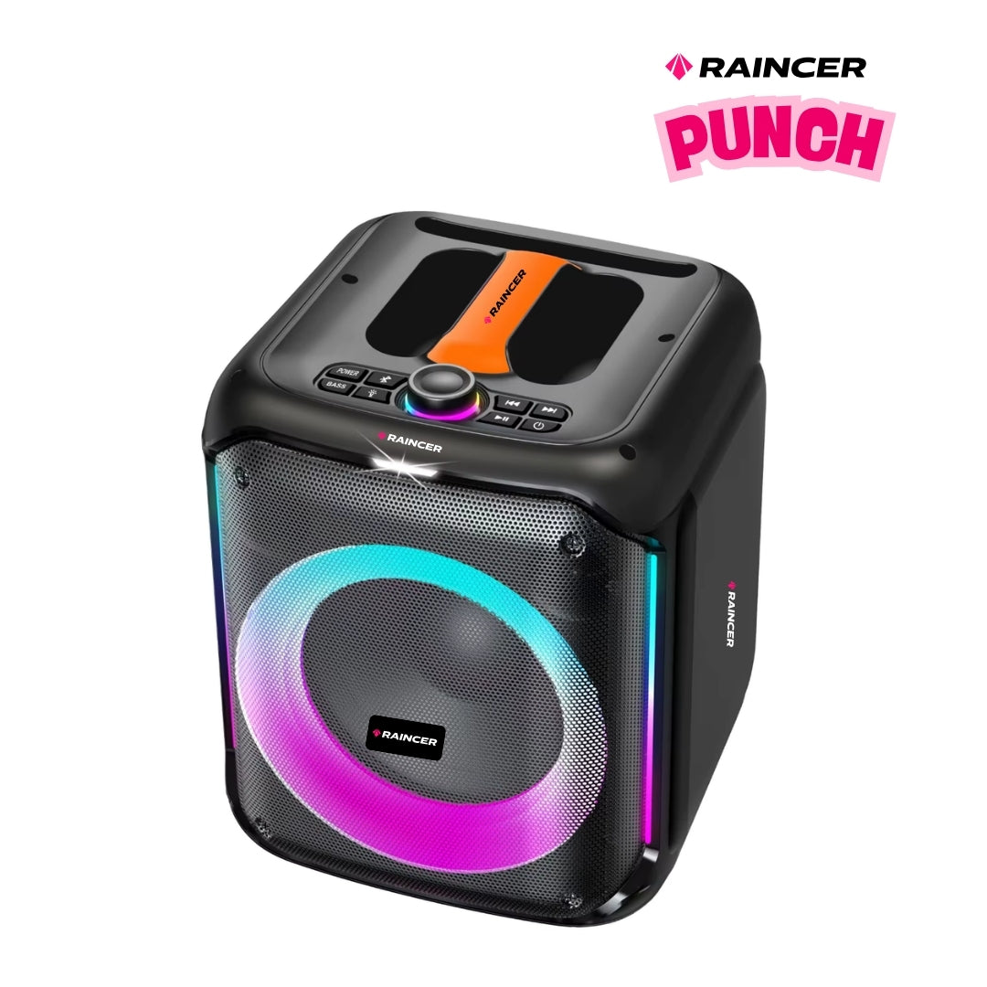 Raincer® Punch Portable Party Speaker with Dual Wireless Mics, Heavy Bass, Voice Changer, LED Light Control, USB/BT/FM/Line-In, Recording, Mic Priority, Stand Support &amp; Remote (Rechargeable)