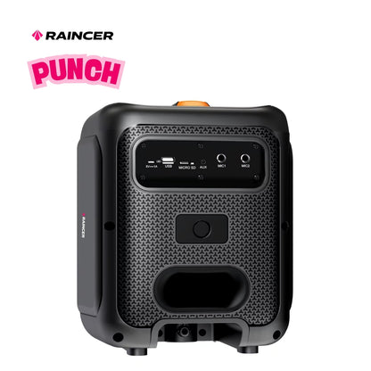 Raincer® Punch Portable Party Speaker with Dual Wireless Mics, Heavy Bass, Voice Changer, LED Light Control, USB/BT/FM/Line-In, Recording, Mic Priority, Stand Support &amp; Remote (Rechargeable)