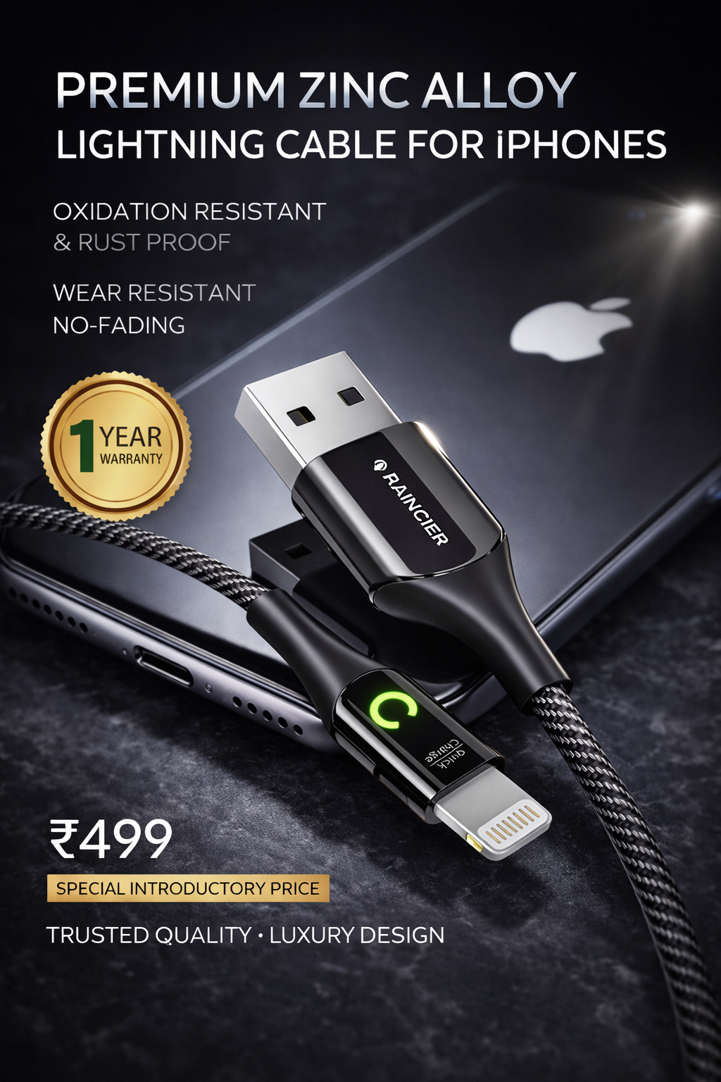 iPhone Fabric & Metallic High Speed Data Cable with light indicator: iMatel