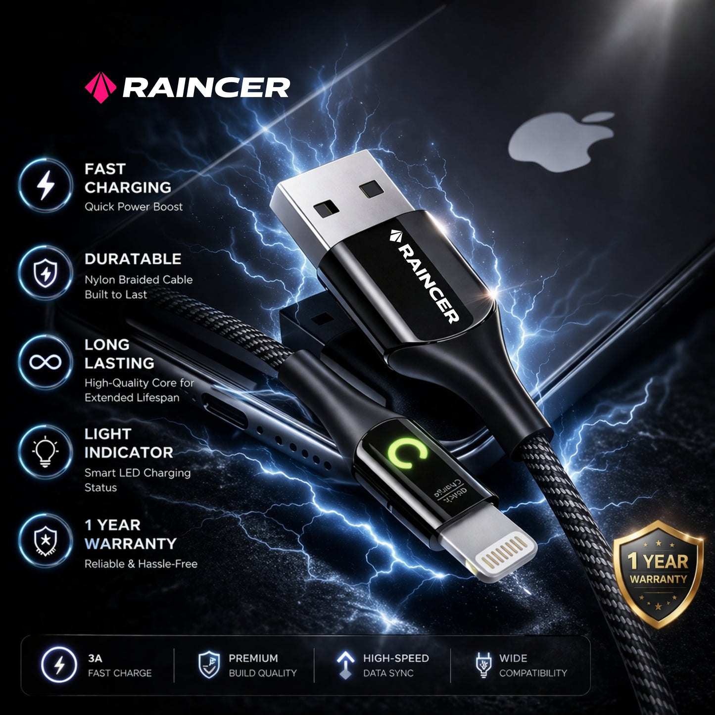 iPhone Fabric & Metallic High Speed Data Cable with light indicator: iMatel